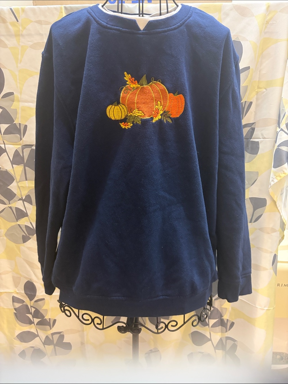 Cozy Navy Crewneck Sweatshirt with Pumpkin Embroidery